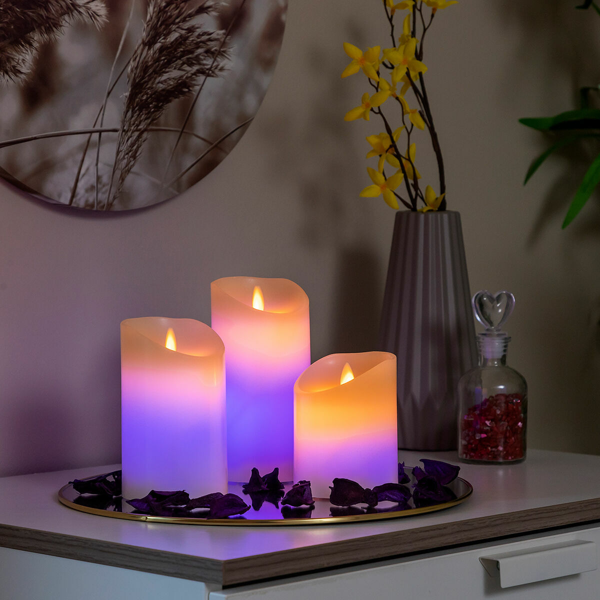 Többszínű lánghatású LED gyertyák távirányítóval, 3 db 