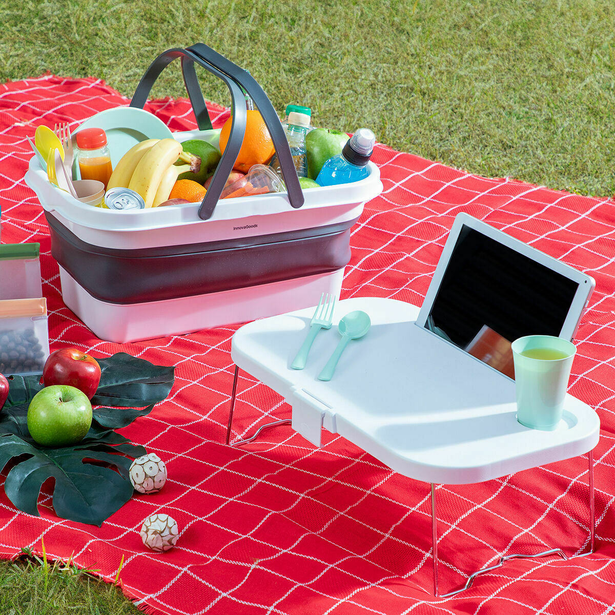 Folding Picnic Basket with Lid-Table InnovaGoods FOLDABLE CAMPING BASKET Plastic (Refurbished B)