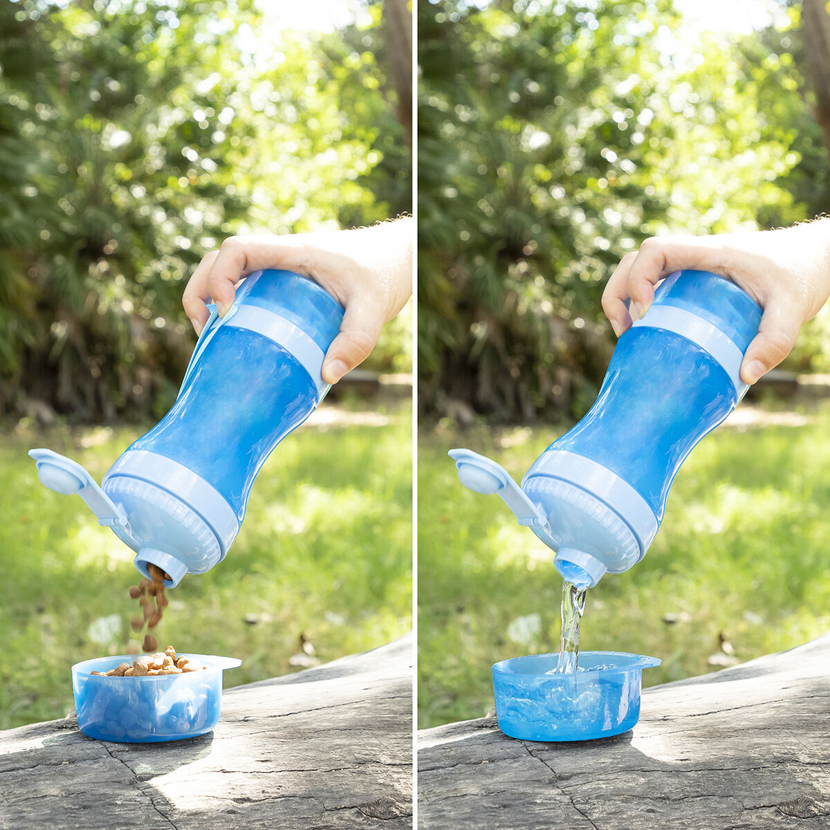 2-in-1 bottle with water and food containers for pets