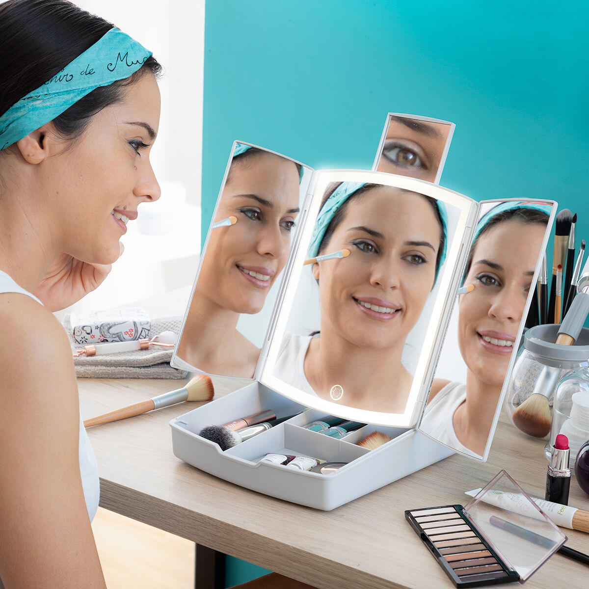 3-In-1 Folding LED Mirror with Make-up Organiser
